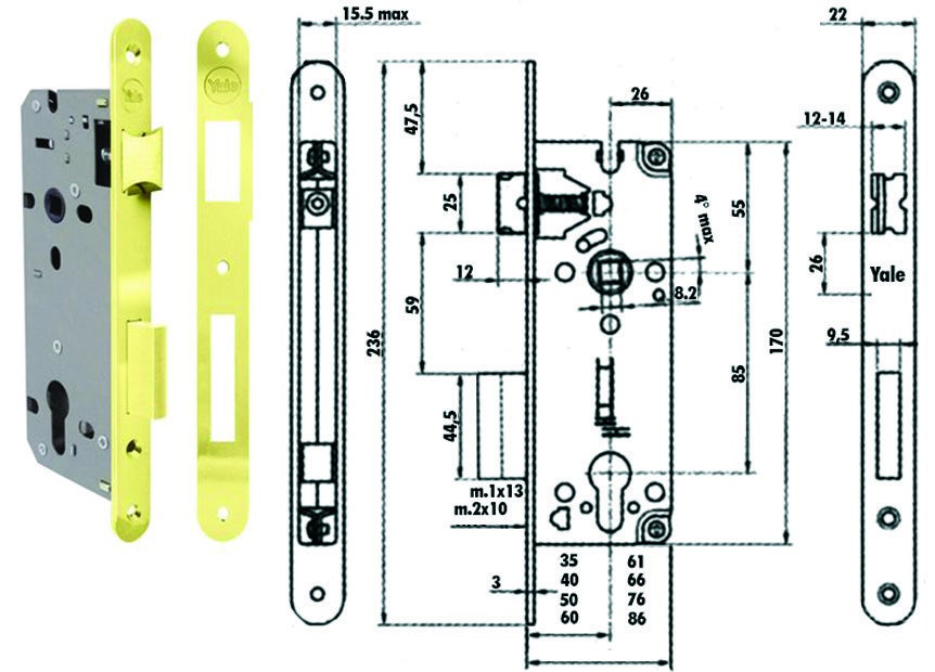 SERRURE À MORTAISE EN BOIS 52X YALE BT LAITON F.MM 22 F.SAGOM M2+SCR+Q8 ...