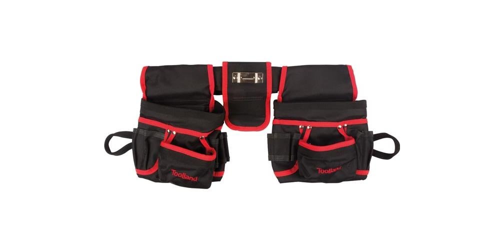 Toolland Porte-outils double pour ceinture, nylon, riveté, multiples poches, porte-marteau, noir/rouge - 3