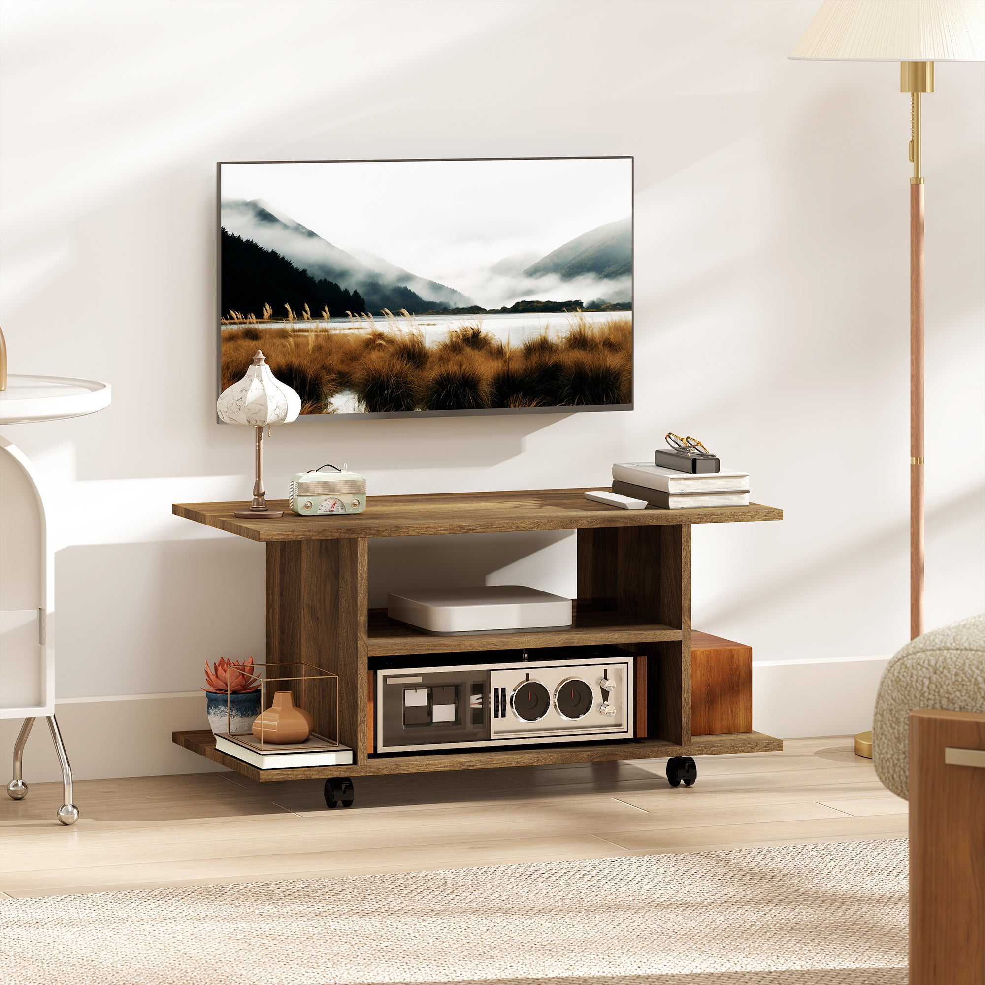 Mueble de TV moderno con estantes, ruedas giratorias y frenos, 80 x 40 ...