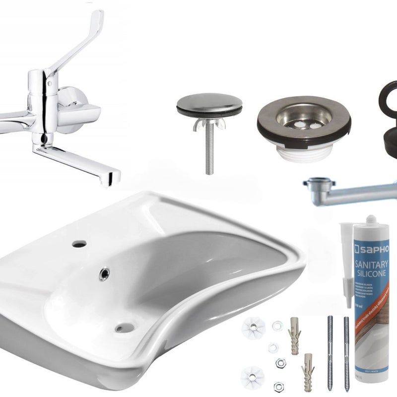 Umywalka dla niepełnosprawnych 59x20,5x45,5cm biała, syfon, sitko, zaślepka umywalki