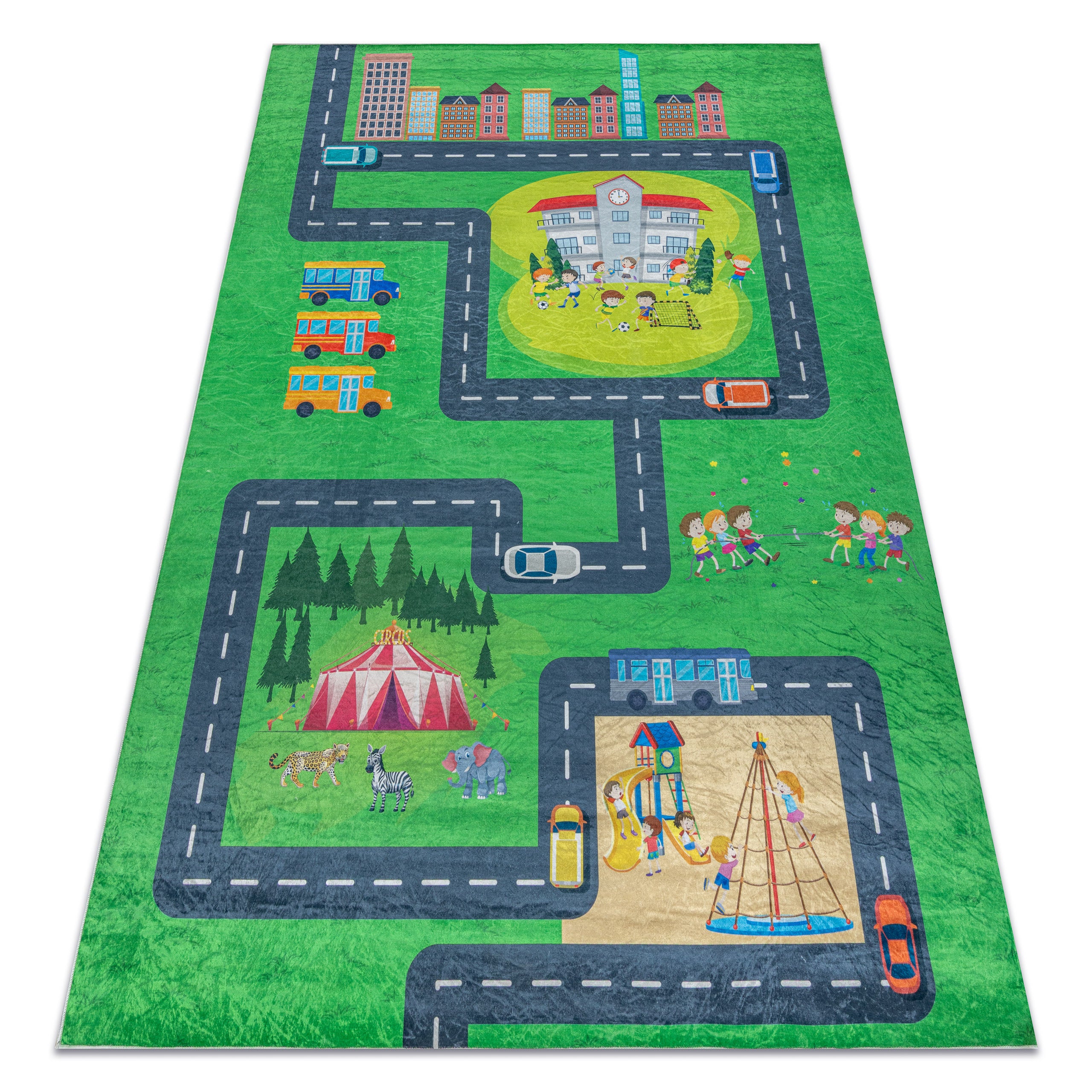Dywan do prania BAMBINO 2660 Miasto, ulice, uliczki dla dzieci, antypoślizgowy - zielony / szary 120x170 cm