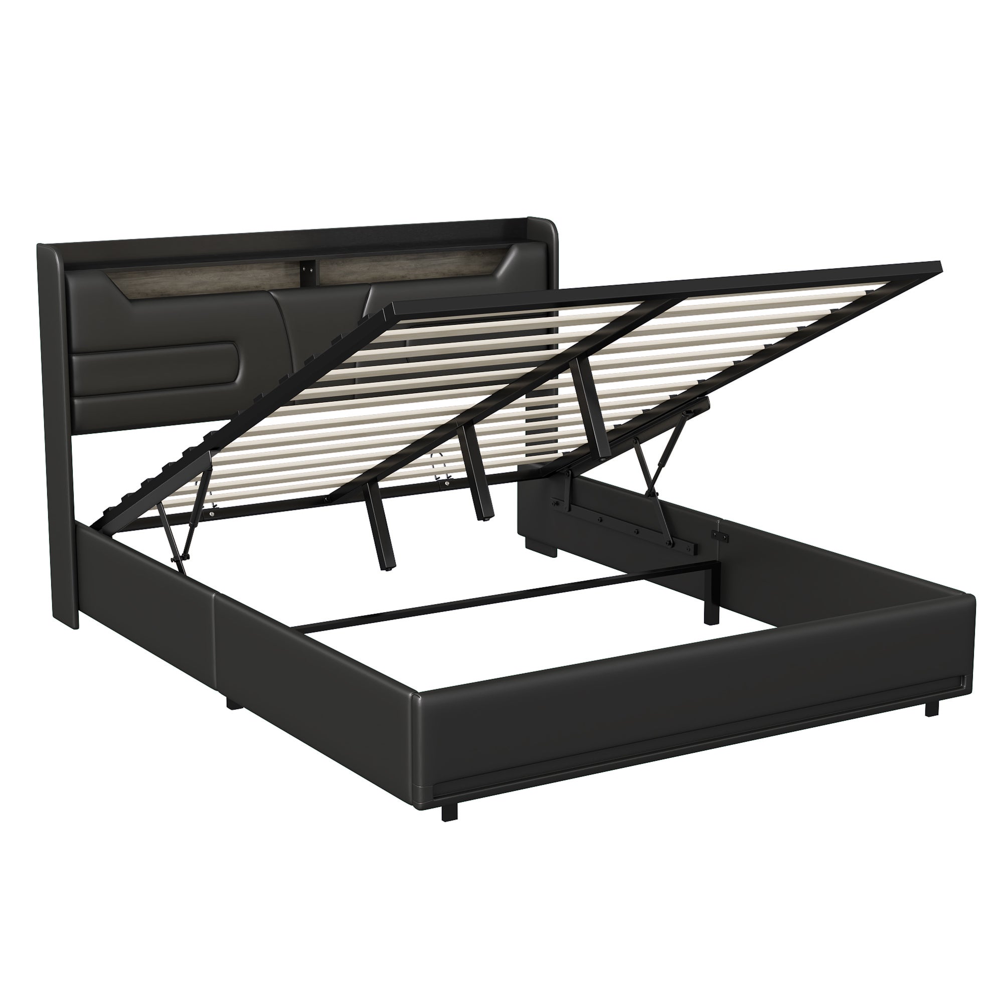 Lit 160x200cm - lit coffre 160 LED avec sommier et tête de lit avec étagères, port charge - Pu - Noir - 7