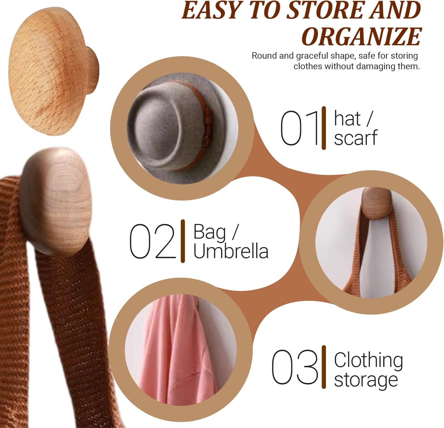 Crochets muraux en bois, 4 pièces, patères robustes en bois naturel, cintres muraux décoratifs en forme de galet pour serviettes et sacs - 3