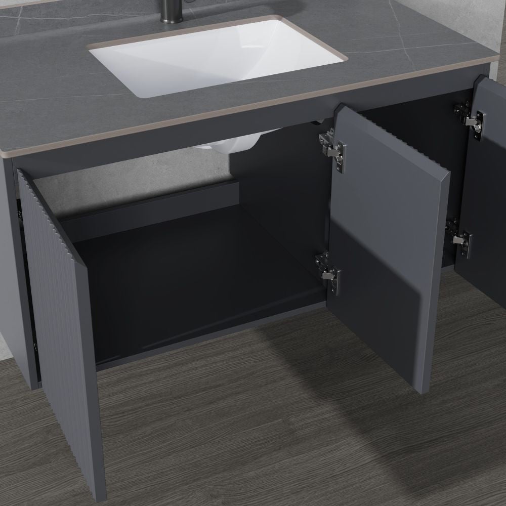 Meuble de salle de bain suspendu avec miroir tactile LED et 3 portes, lavabo en céramique, meuble design à faible encombrement 100 cm - Finition grise - 2