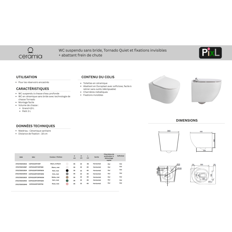 PixL WC suspendu en céramique Tornado Quiet Flush, fixations invisibles + abattant Soft-Close, Vert mat (CEPX010RTORPGEM) - 5