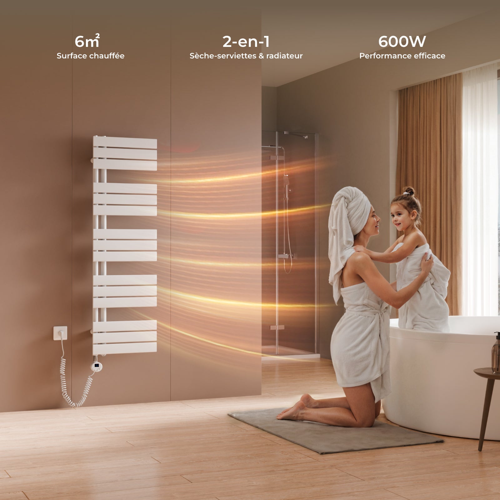 Grzejnik łazienkowy elektryczny WiFi z inteligentnym termostatem – Zdalne sterowanie przez aplikację, montaż na ścianie, biały, 132 × 40 cm, 600 W - 5