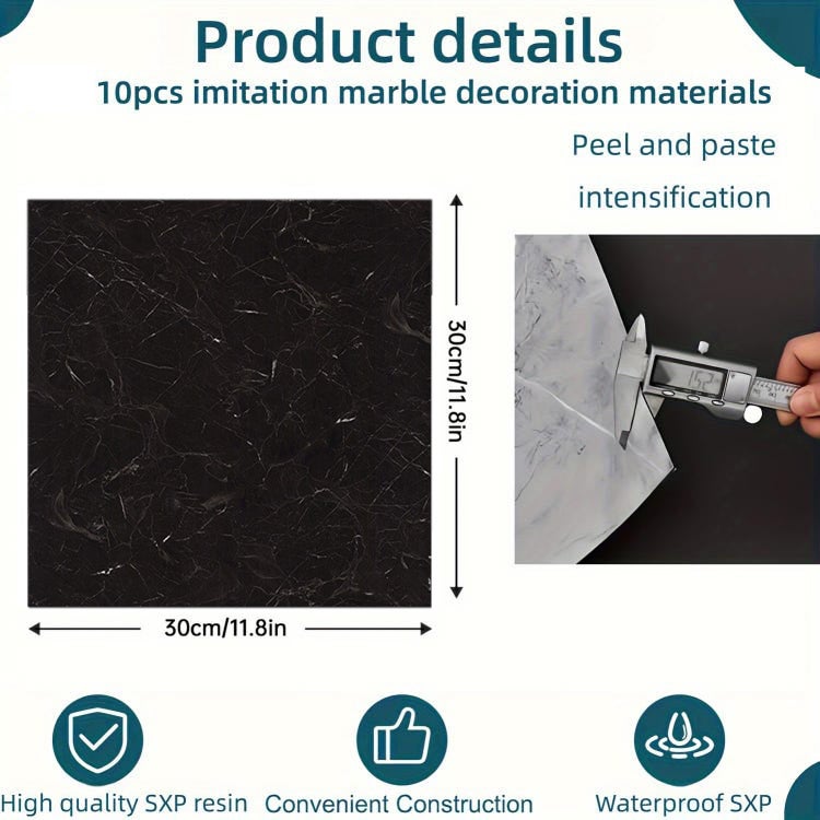 Autocollants de sol auto-adhésifs, 10 pièces, autocollants muraux en marbre de Simulation épaissi, résistants à l'usure et imperméables, noirs - 3