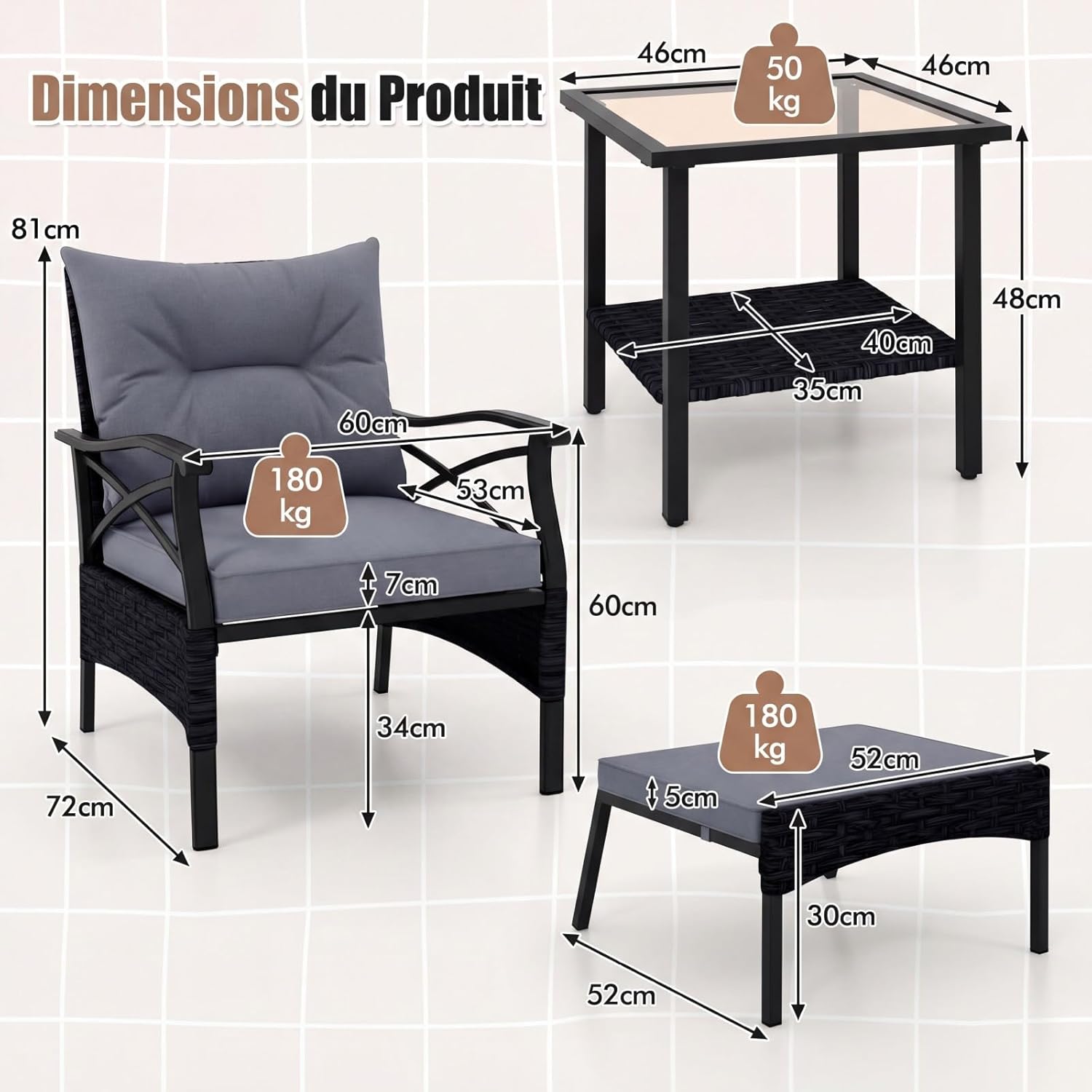 GIANTEX Conjunto Móveis Pátio 5 Peças em Rattan, 2 Cadeiras 2 Pufs e 1 Mesa Baixa Tampa Vidro Temperado Almofadas, para Pátio Quintal, Cinza - 4