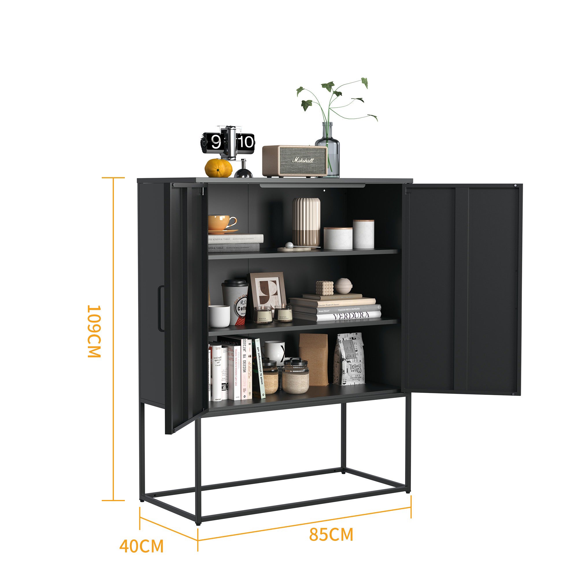 Armadio nero a 2 ripiani in metallo, design elegante, ante magnetiche sicure, fissaggio antiritorno - 109x85x40 cm - 5