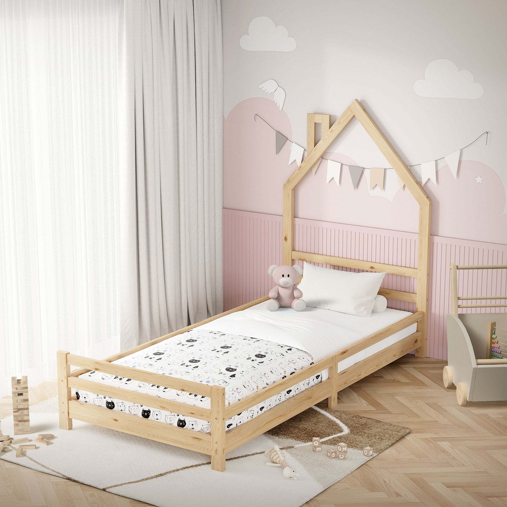 ML-Design łóżko domek dziecięce 90x200 cm naturalne z materacem H:10 cm ramą listewkową i wzorem kominowym młodzieżowe dla chłopców i dziewczynek