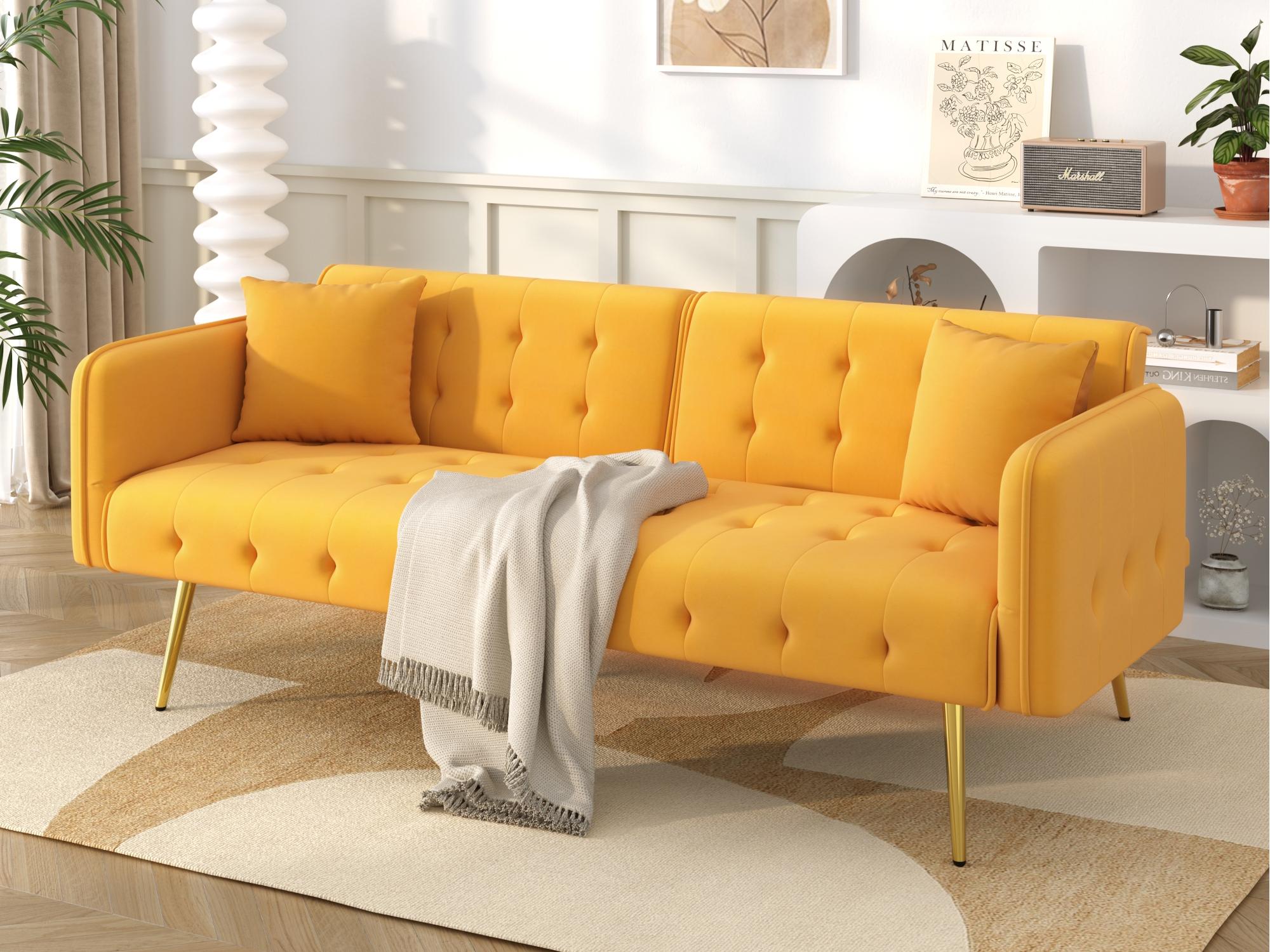 Wielofunkcyjna sofa 2-osobowa - Regulowane oparcie - Regulowane podłokietniki - Aksamit - Żółta