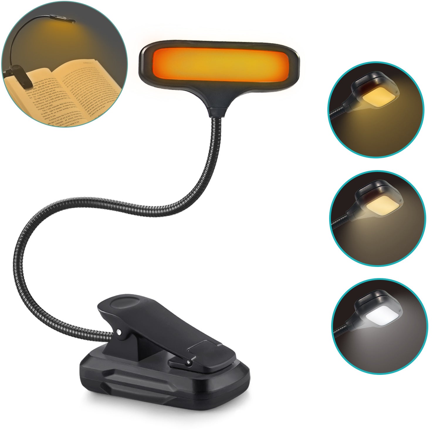 Lampka do czytania z klipsem ładowana przez USB diod LED temperatury barwowe zmienna intensywność elastyczna idealna w podróży czarna