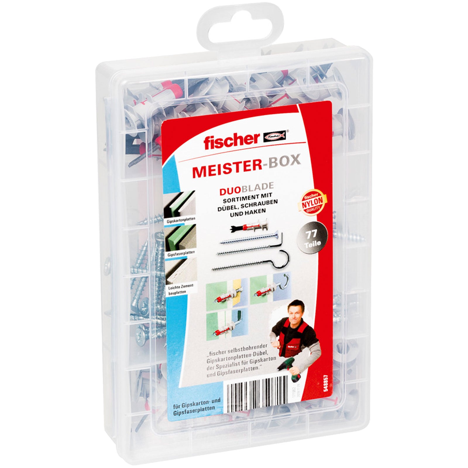 Fischer Meister-BOX Duoblade, pratica scatola con 77 tasselli Duoblade, viti e ganci, tasselli autoforanti in cartongesso, scatola per tasselli per fa