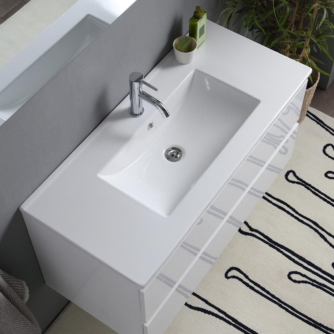 Meuble de salle de bain avec tiroirs 100cm blanc brillant, lavabo et miroir | Benaco - 3