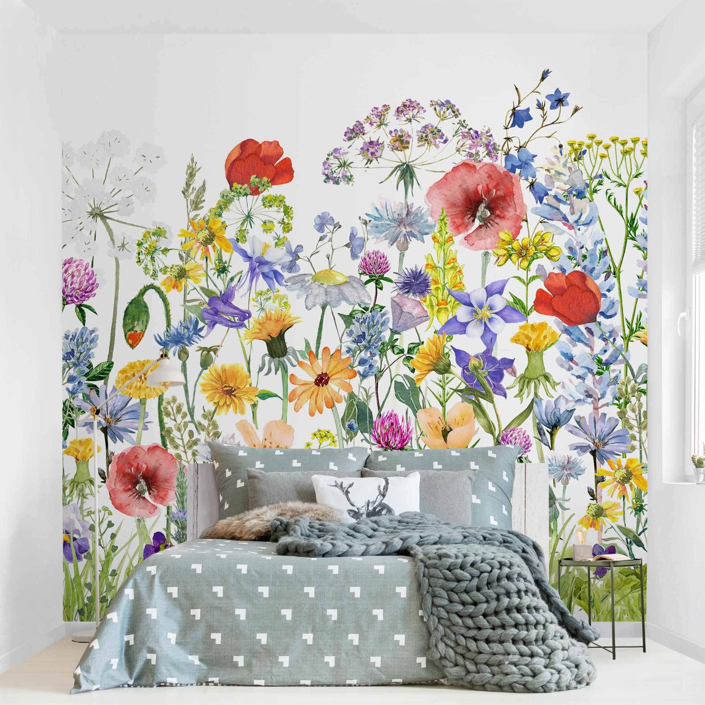 Papel pintado fotomural acuarela flores ilustración 315 - salón dormitorio cocina pasillo - tnt 336 x 336 cm adhesivo