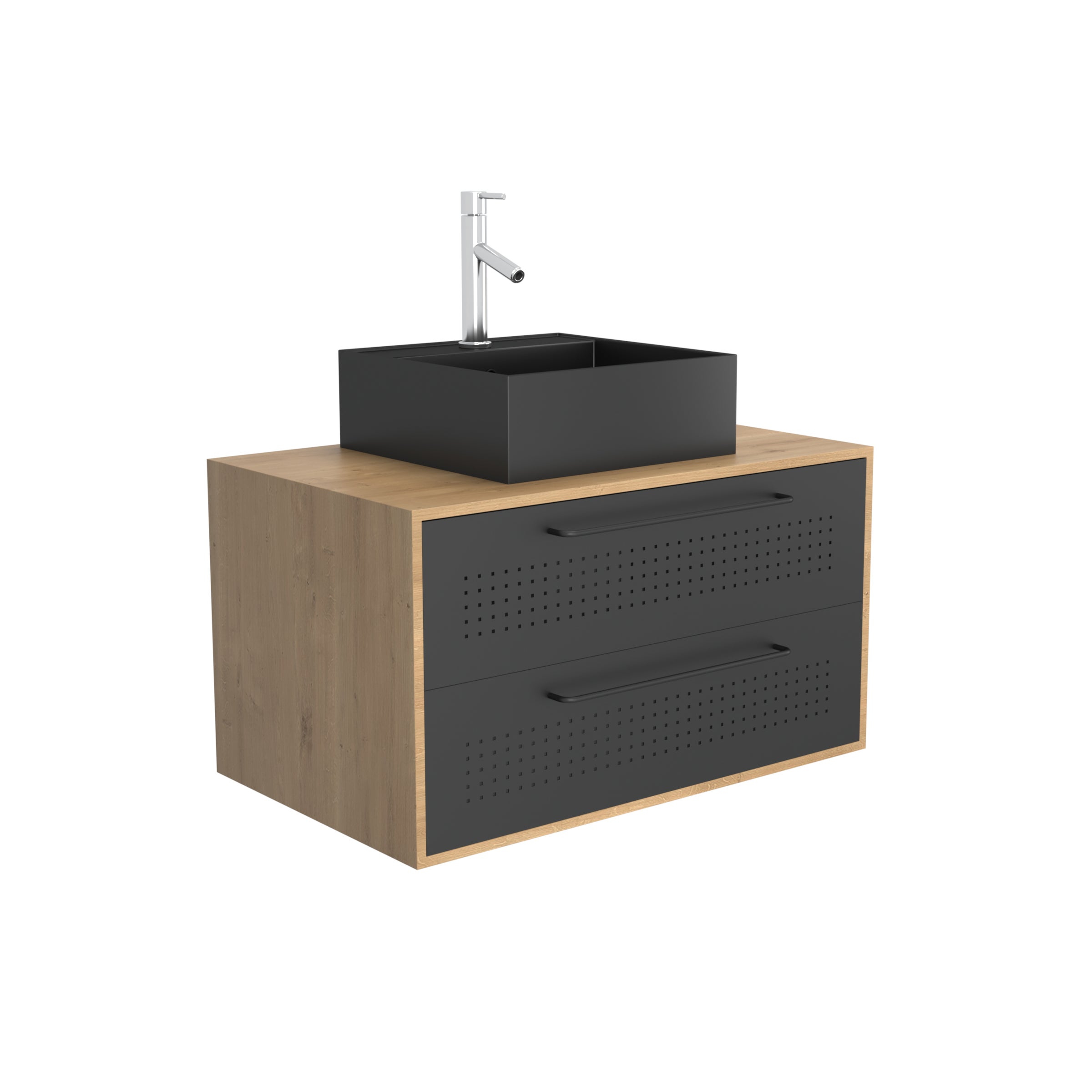 Meuble de Salle de Bains 80 cm avec Vasque Carrée - Finition Chêne naturel et Noir Mat - UBY - 3