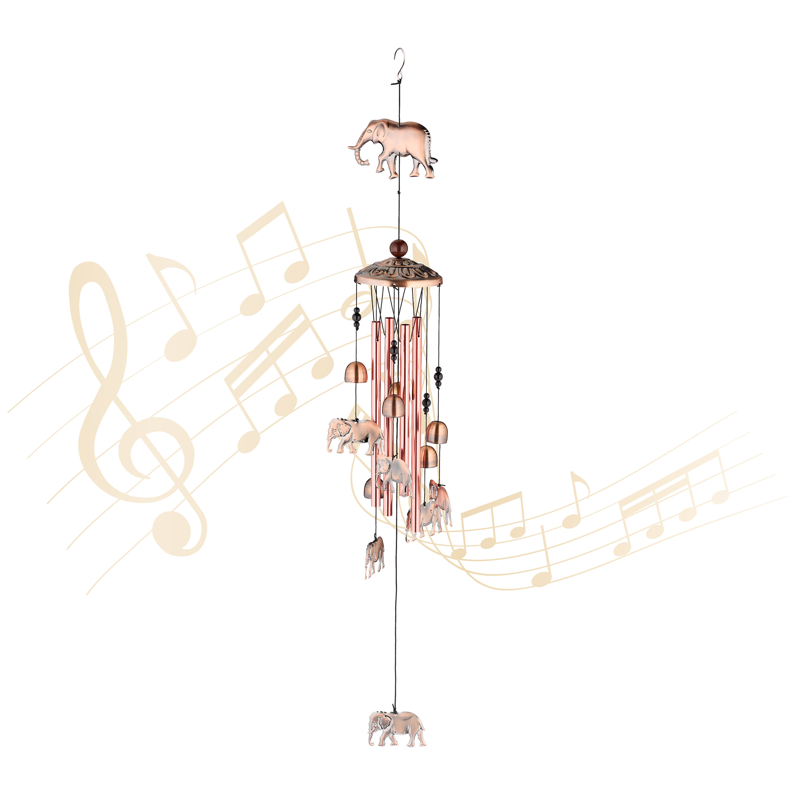 Relaxdays carillón viento, campanitas y elefantes, juego campanas metal, 90 cm, interior y exterior, colgante, cobre