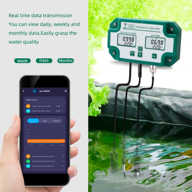 Rosvola Testeur de qualité de l'eau 6 en 1 WiFi PH/TDS/EC/S.G/Salt/Temp Meter - 2