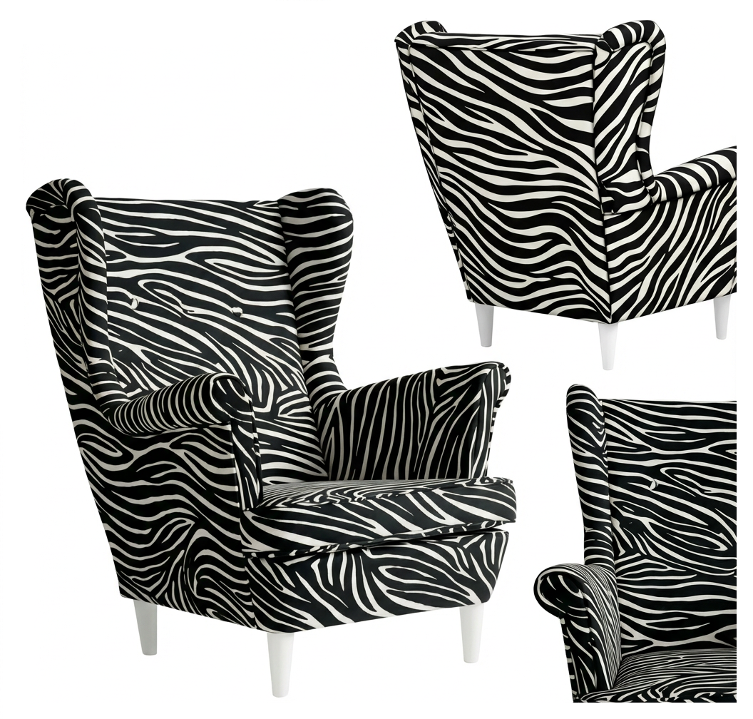 Fotel uszak skandynawski czarno biały zebra Design Ari Print Family Meble