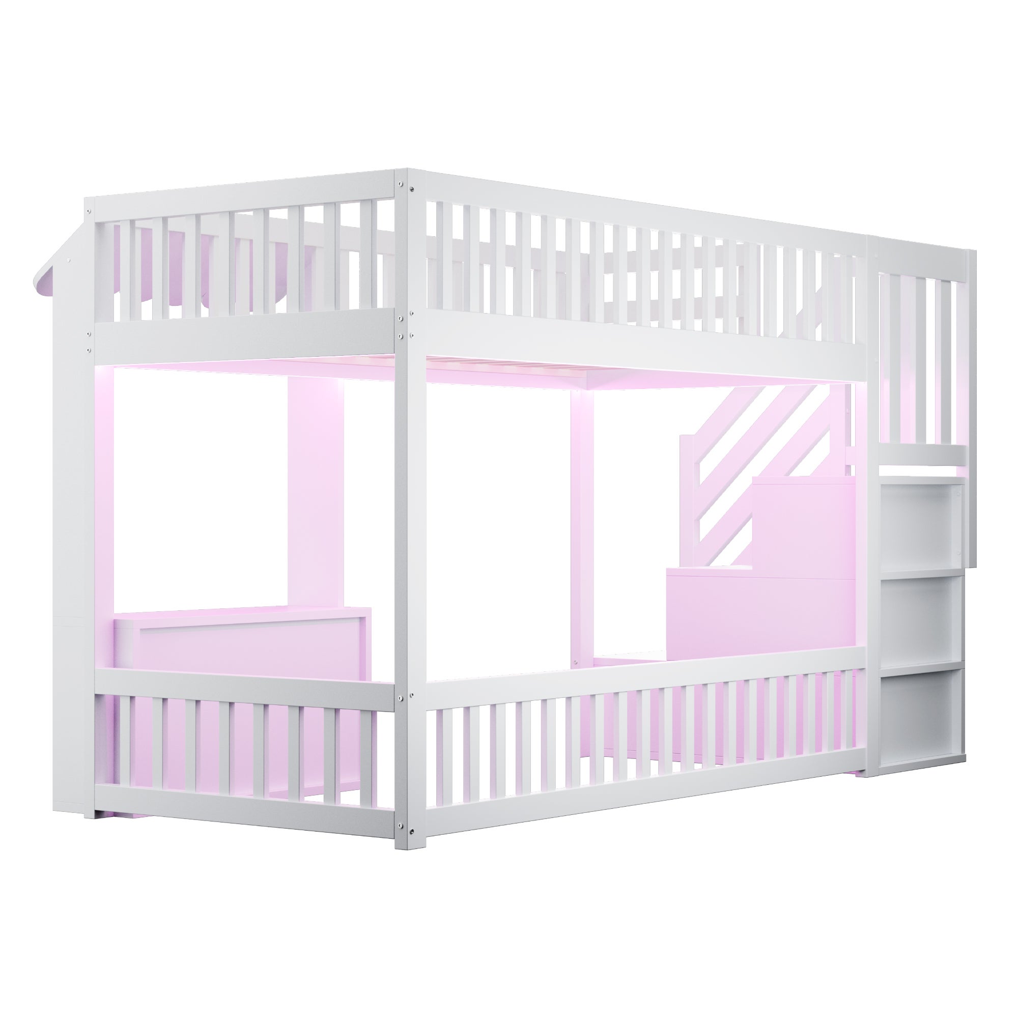Lit mezzanine bois 90x200cm,avec Lumières LED,Conception des avant-toits,Lit mezzanine enfant avec casiers et escalier de sécurité,Blanc,Sans matelas - 8