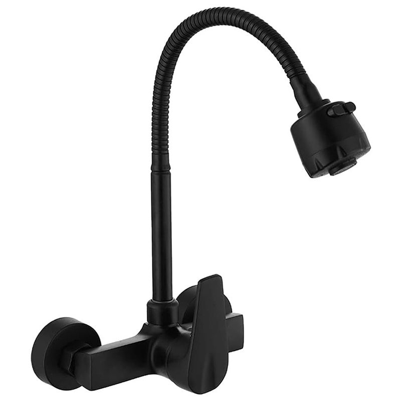 Bateria kuchenna ścienna, bateria zlewozmywakowa obrotowa 360°, czarna mosiężna wylewka obrotowa, elastyczny wąż