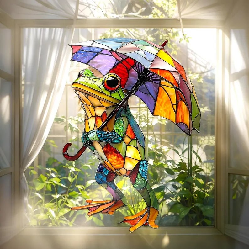 Lot de 2 grenouilles colorées avec parapluie, attrape-soleil – Vitrail – Décoration de fenêtre – Statue de jardin grenouille - 5
