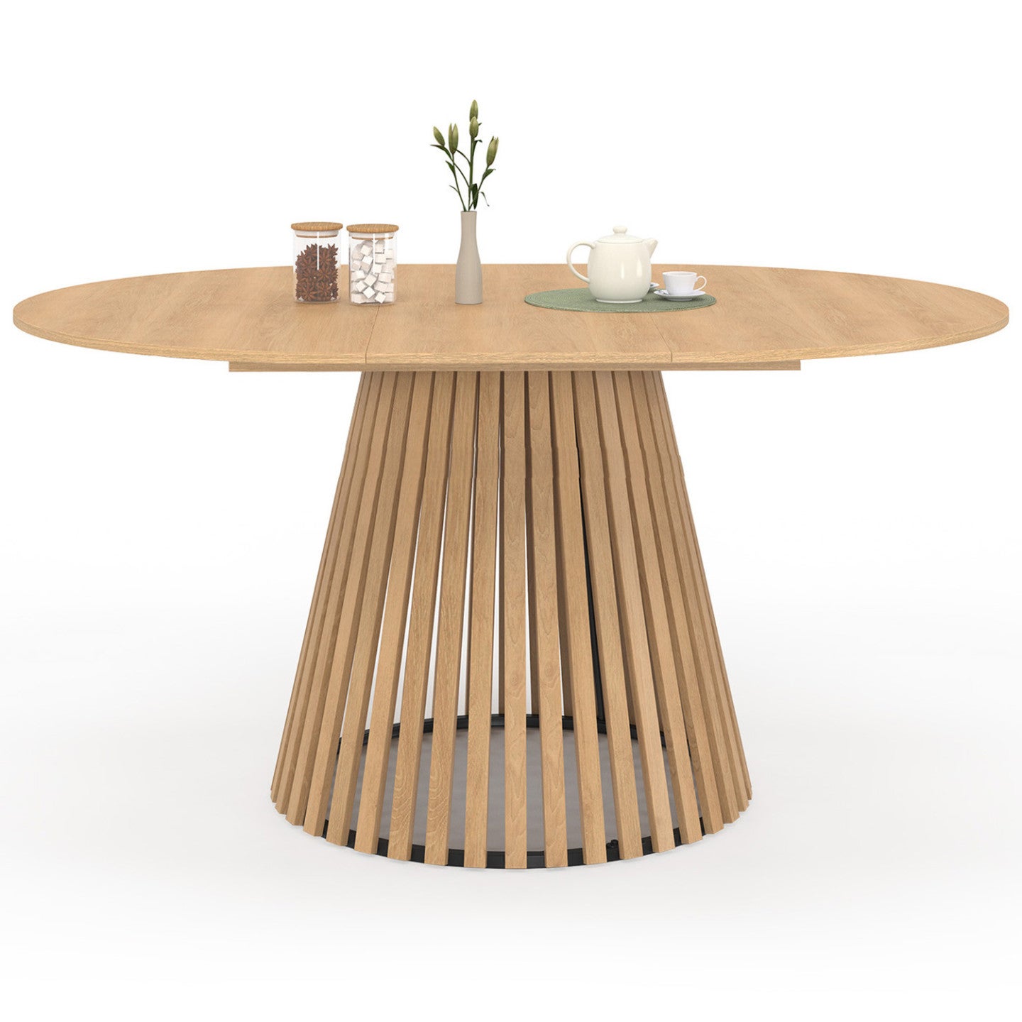 Table à manger extensible ronde CARMEN 4-8 personnes pied bois en lattes et plateau bois 110 - 150 cm - 2
