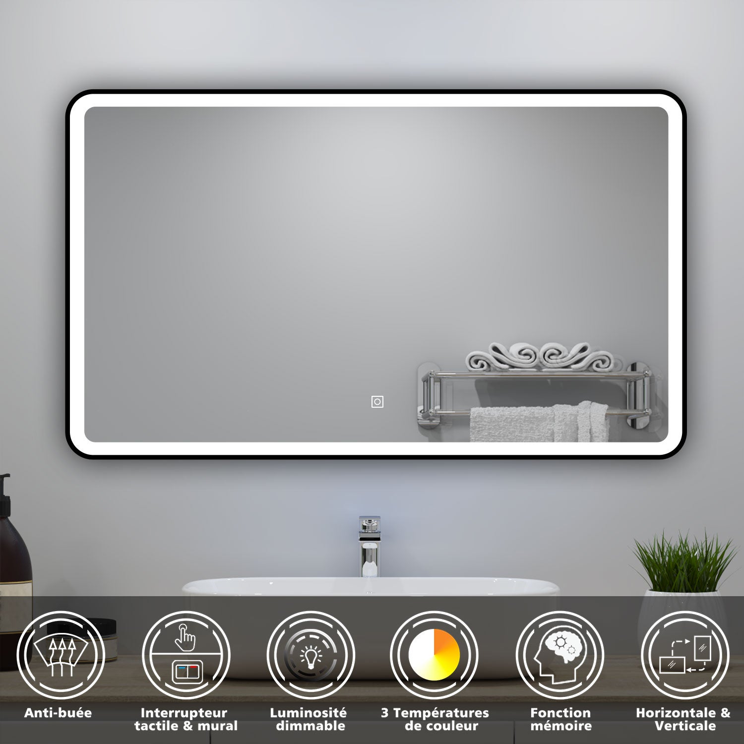 Miroir lumineux 100x60cm avec Anti-buée + 3 Couleurs + Dimmable, Miroir salle de bain - 2