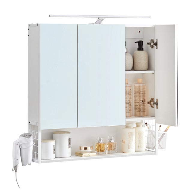 Armoire Murale avec Miroir, avec Lampe LED, avec Câble, Placard 3 Portes, Étagère Réglable, Porte Sèche-Cheveux, Pot, Moderne Chic, Blanc