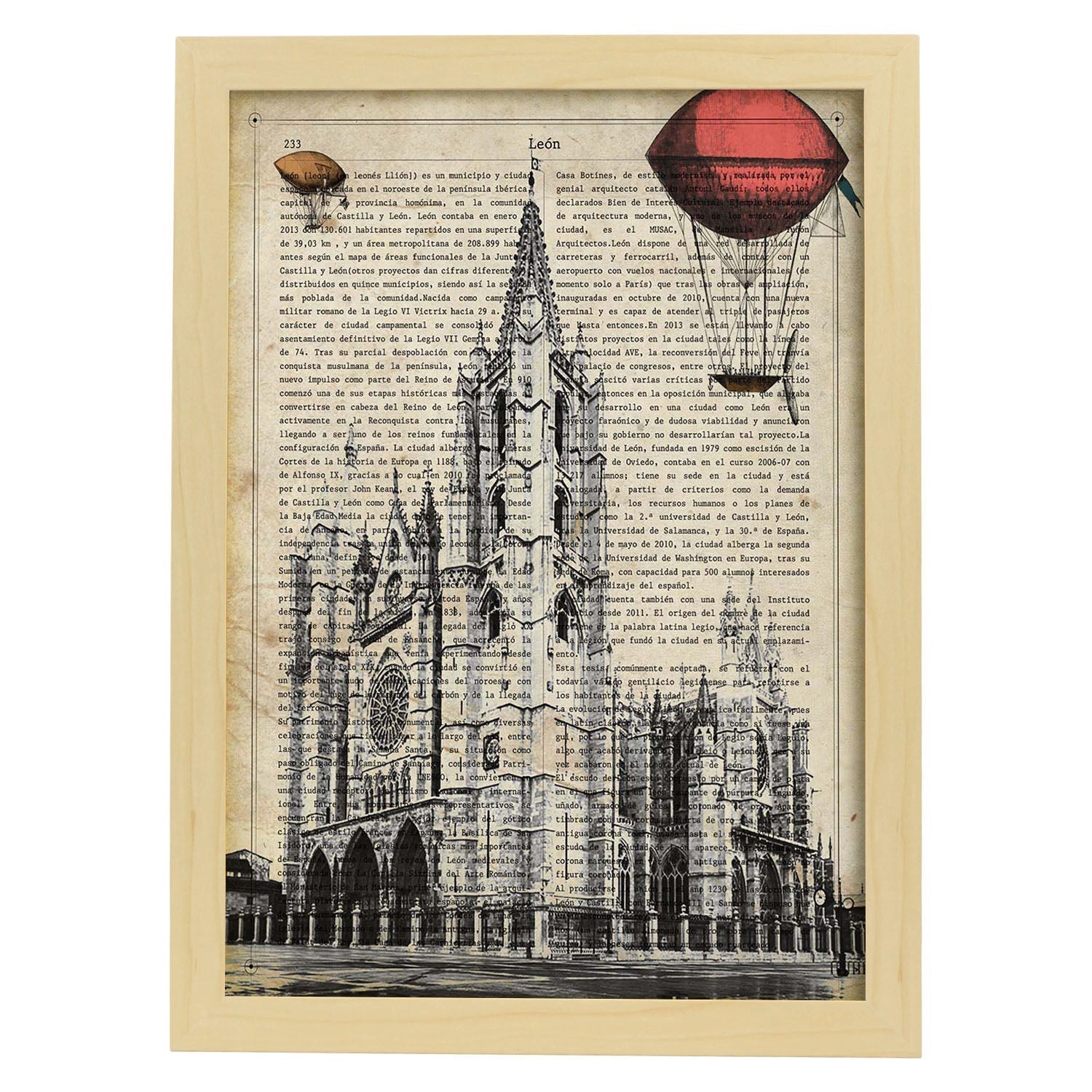 Lamina ciudad de leon. estilo vintage. ilustracion, fotografia y collage con la historia de leon. marco blanco - a3
