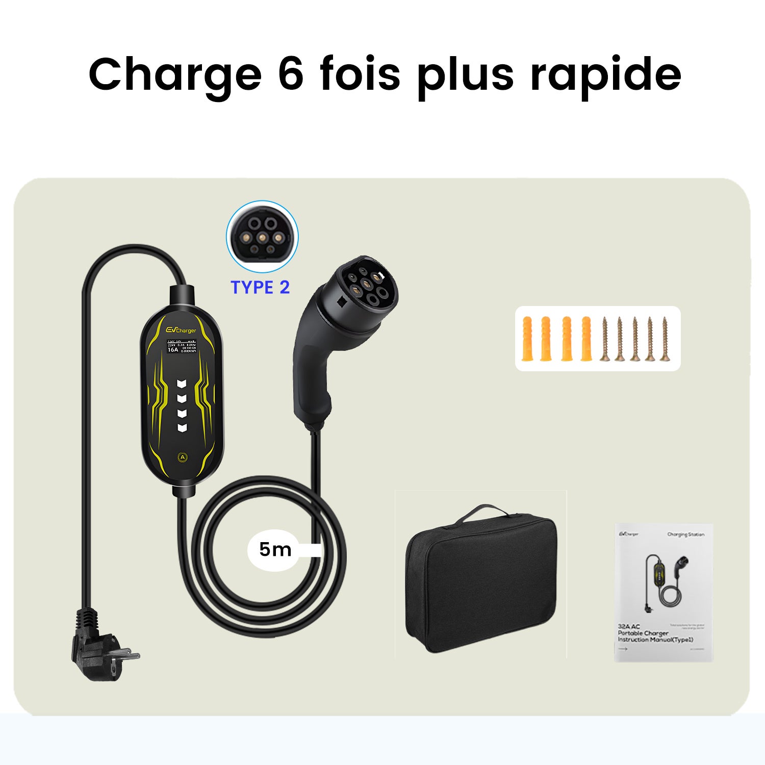 Carregador EV portátil Tipo 2 Carregador de isqueiro elétrico 3.5kW Trifásico, 6-16A 240V com visor digital controlável por aplicação, cabo de carr - 8