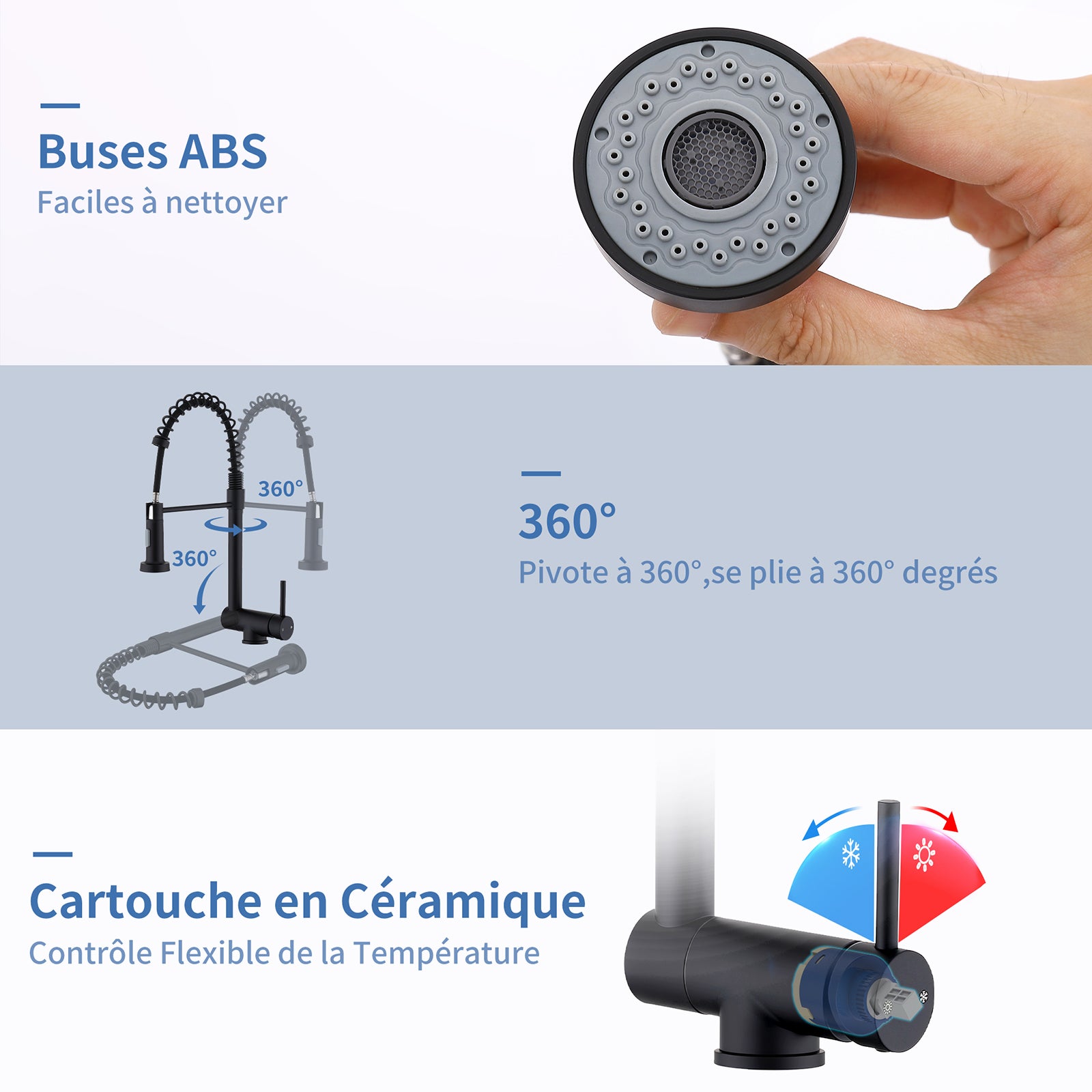 Mitigeur de Cuisine Noir pliable à ressort avec douchette 2 Jets, Robinet de Cuisine d'Evier Rabattable Rotatif à 360° en Inox 304 - 7