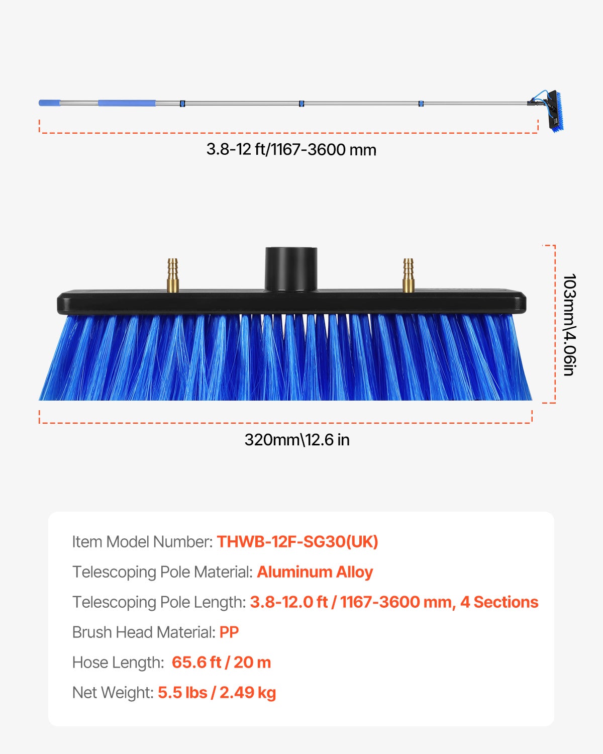 Kit perche télescopique VEVOR 3,6 m,brosse rotative 180°,tuyau 20 m,outil nettoyage panneaux solaires/vitres alimenté eau - 7