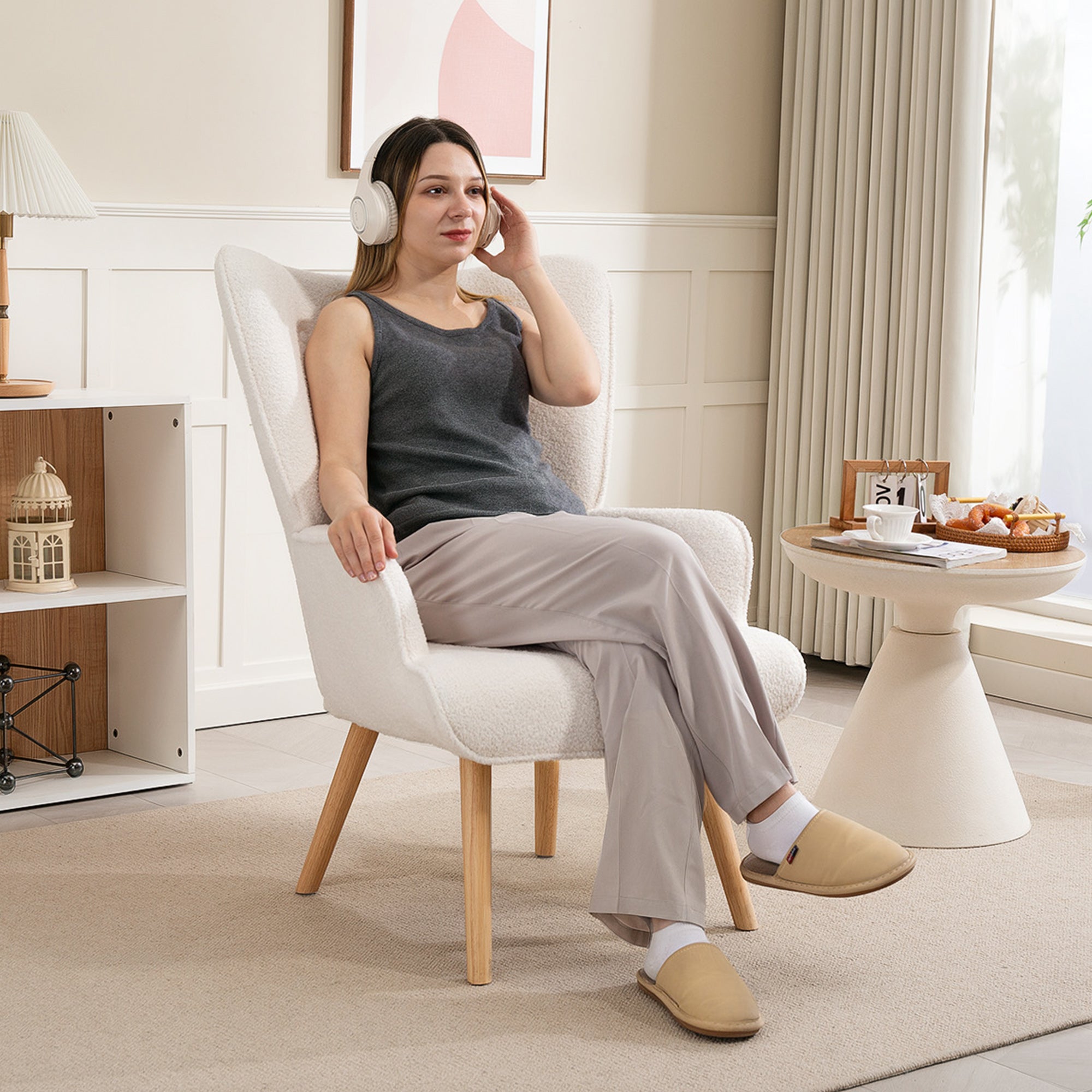 Fauteuil de salon en tissu bouclé, capitonné et rembourré, pieds en bois, 71 x 74 x 96 cm, beige - 3
