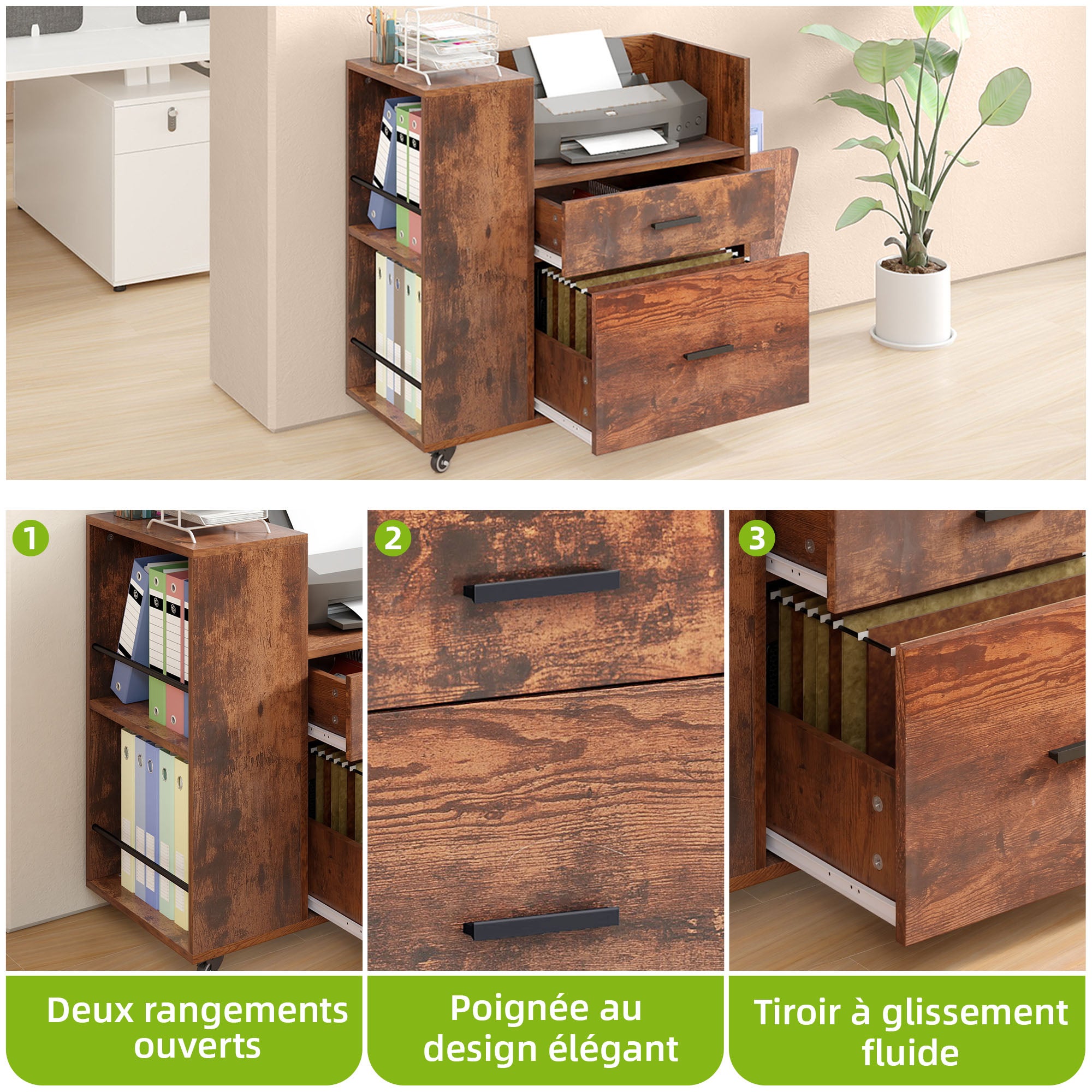 Classeur à roulettes Balconera pour documents A4/Lettre, 81 cm (L) x 35 cm (P) x 71 cm (H), noir - 3