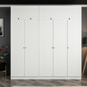 Armoire Alabama 5 Portes Avec Miroir - Blanc, 227x229x54 Cm, 3 Tringles Et 6 étagères Incluses, Pin, Montage Facile