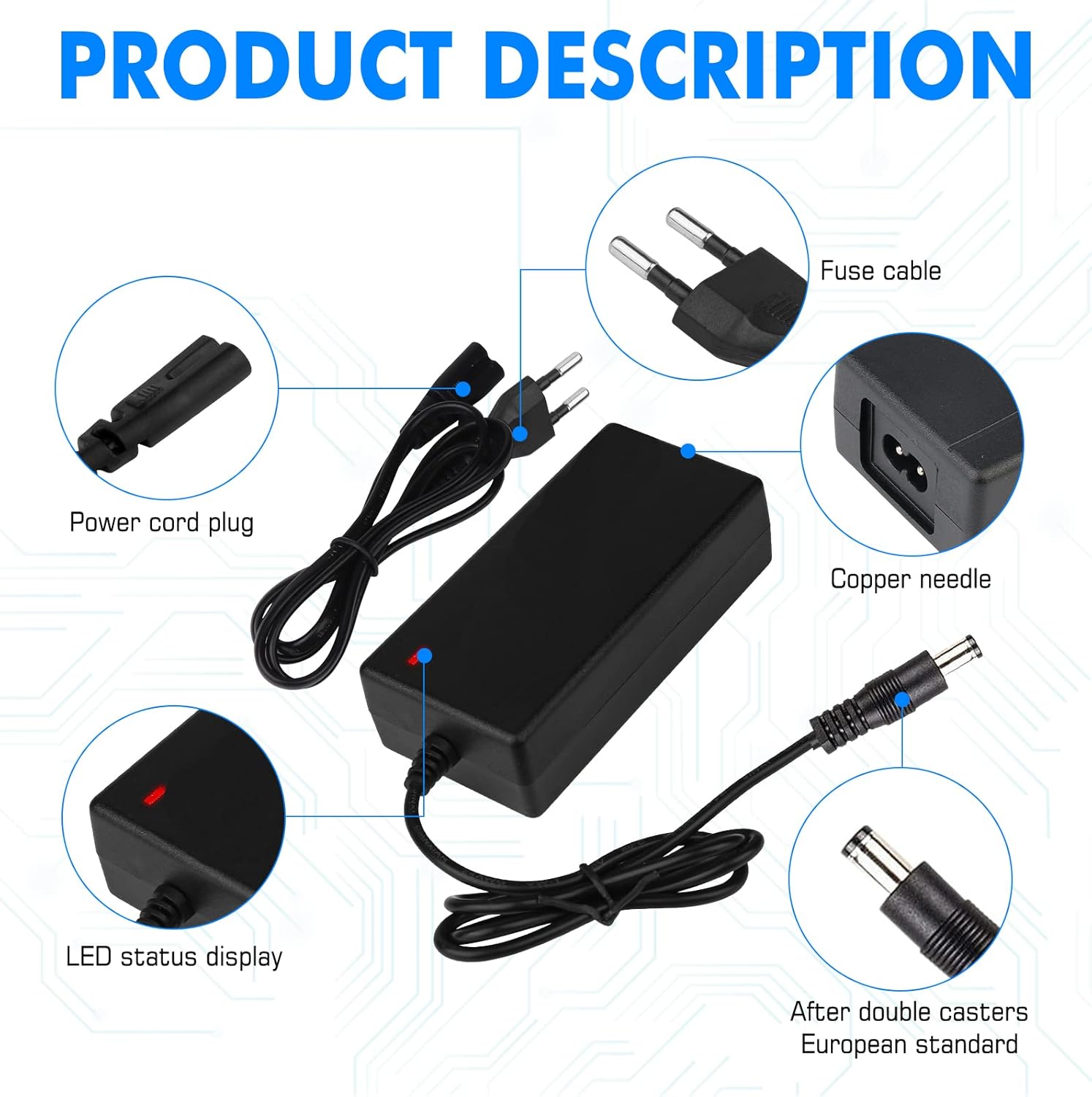 Caricabatterie per bici elettriche - Caricabatterie universale per scooter elettrici - 36 V/42 V 2 A - con 6 connettori per caricabatterie - 5