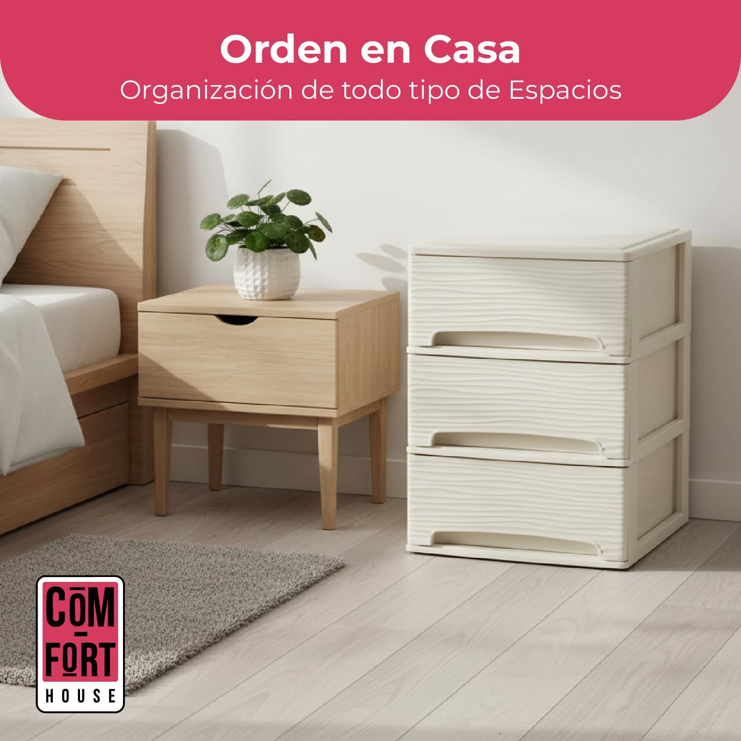 COM-FORT HOUSE | Cajonera Apilable de Plástico | Modelo Ondas | Color Blanco Roto | Modelo de 3 Cajones | Cajones de Almacenamiento Modular - 3