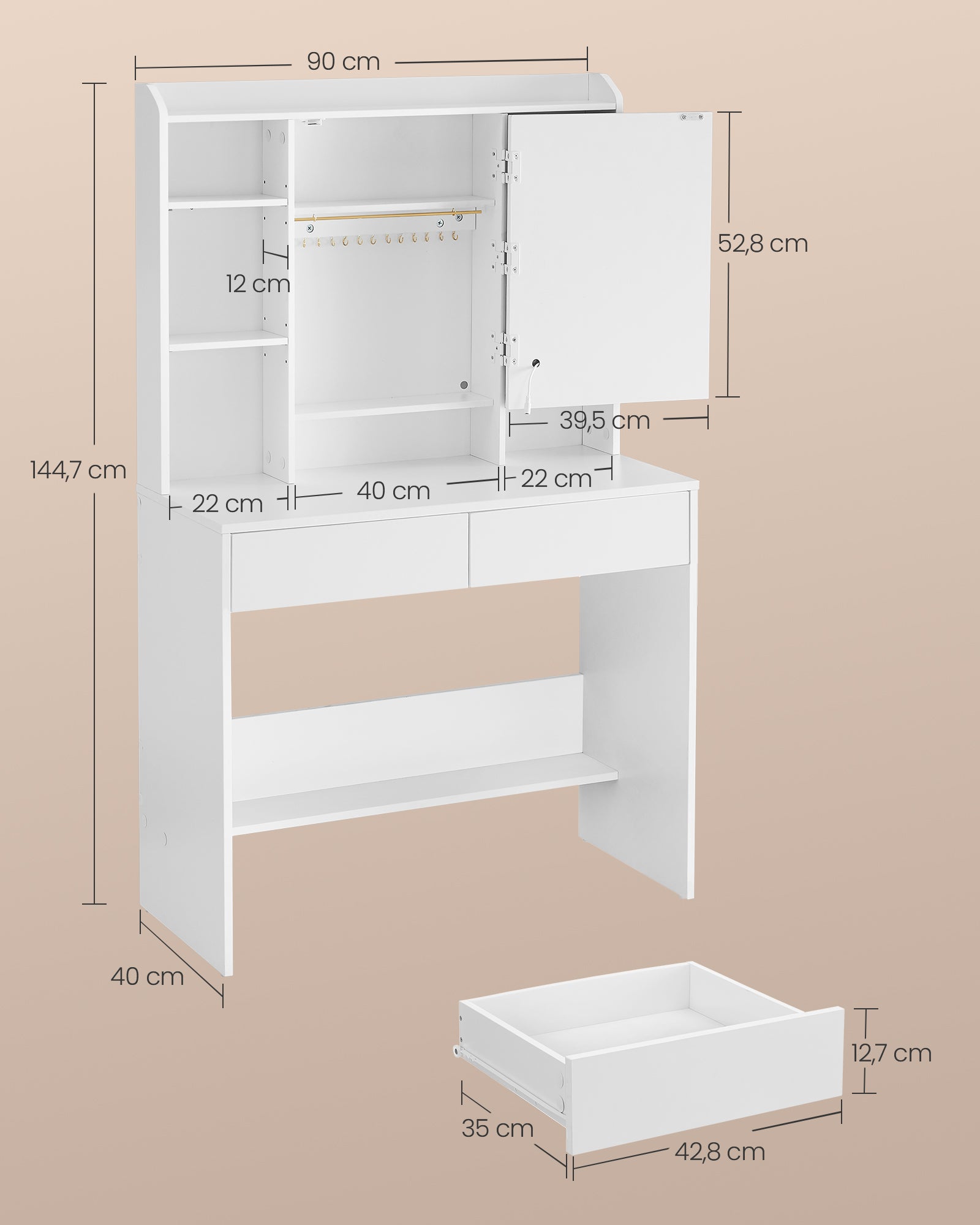 Coiffeuse avec 9 Lumières LED, 3 Tonalités et Luminosité Réglable, avec Miroir, Étagères Réglables, 2 Tiroirs, Blanc Nuage - 5