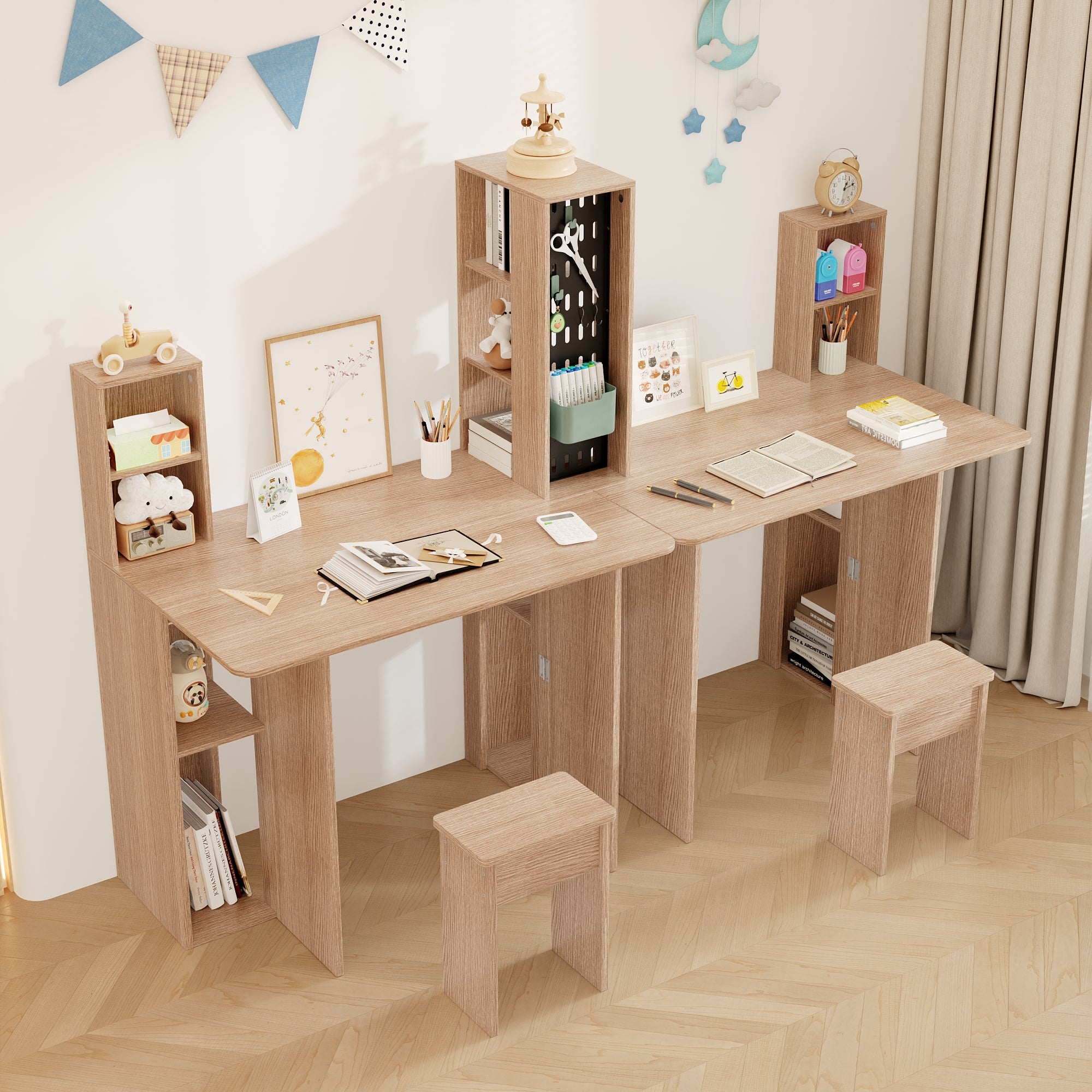 Bureau de Tables Pliables Double avec Etagères, 2 Chaises fournies, Bureau, 180x60x130, Chêne - 2