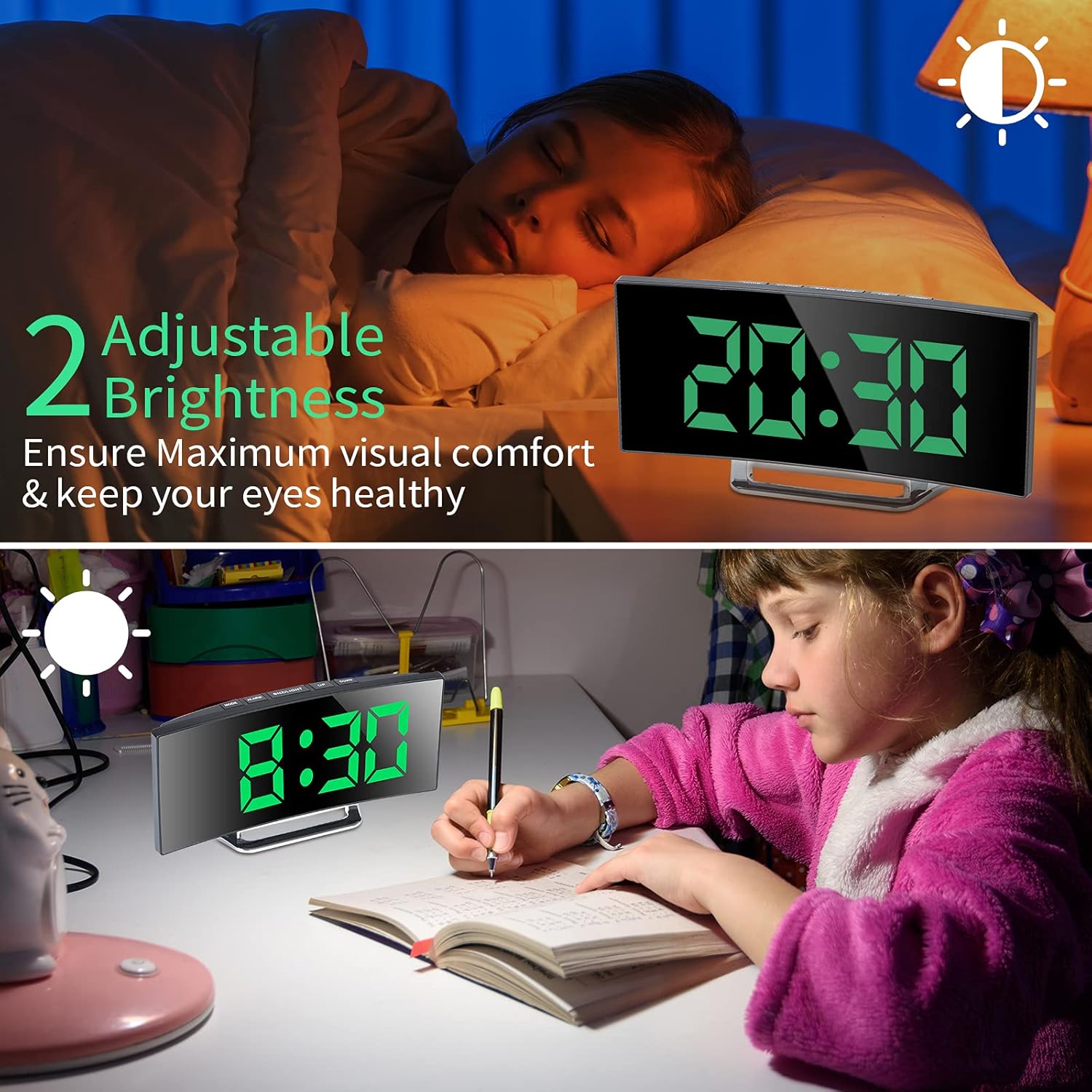 Réveil numérique pour chambre, écran miroir LED 7 pouces, 2 niveaux de luminosité, format 12/24 heures, température, date, veilleuse, fonction snooz - 4