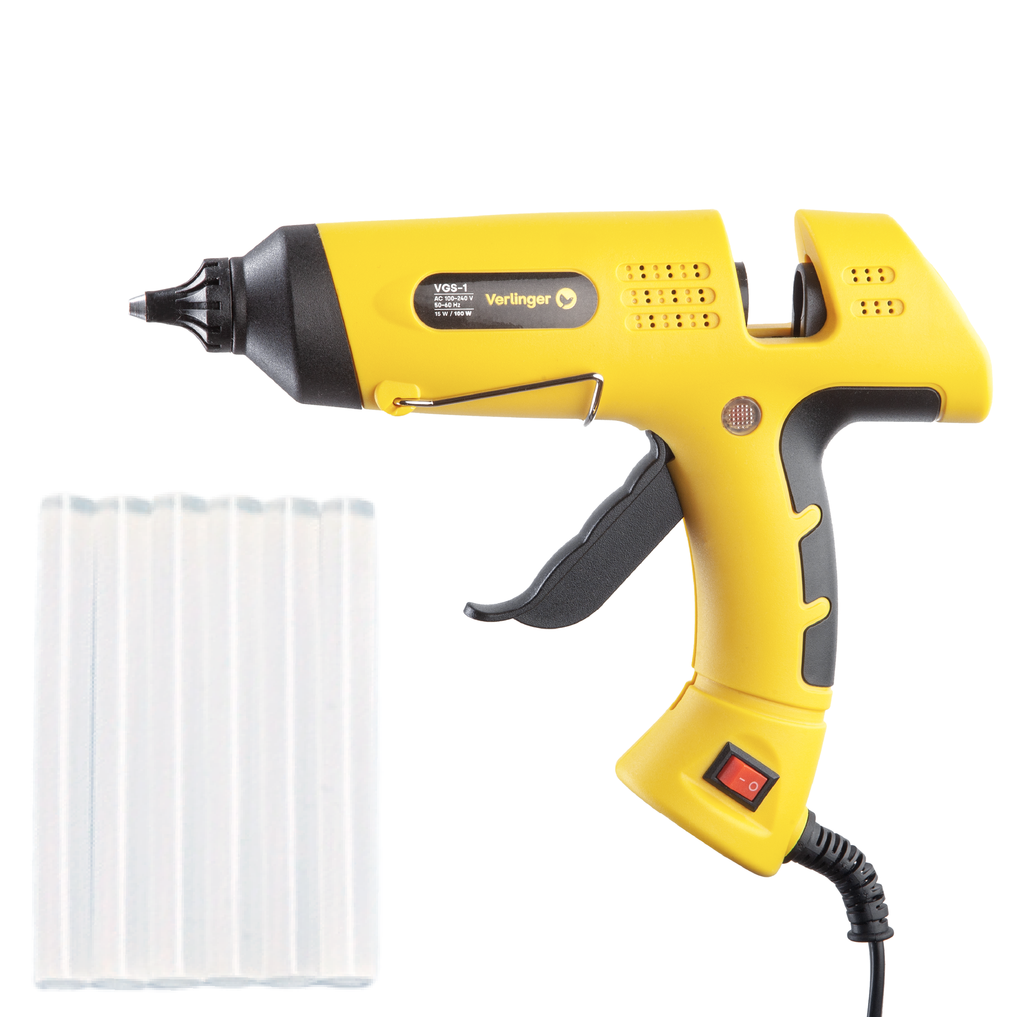 Pistolet do kleju na gorąco Verlinger VGS-1 + 6 wkładów kleju, z przewodem 1,4 m, 100 W, 19,5 x 16 x 4 cm