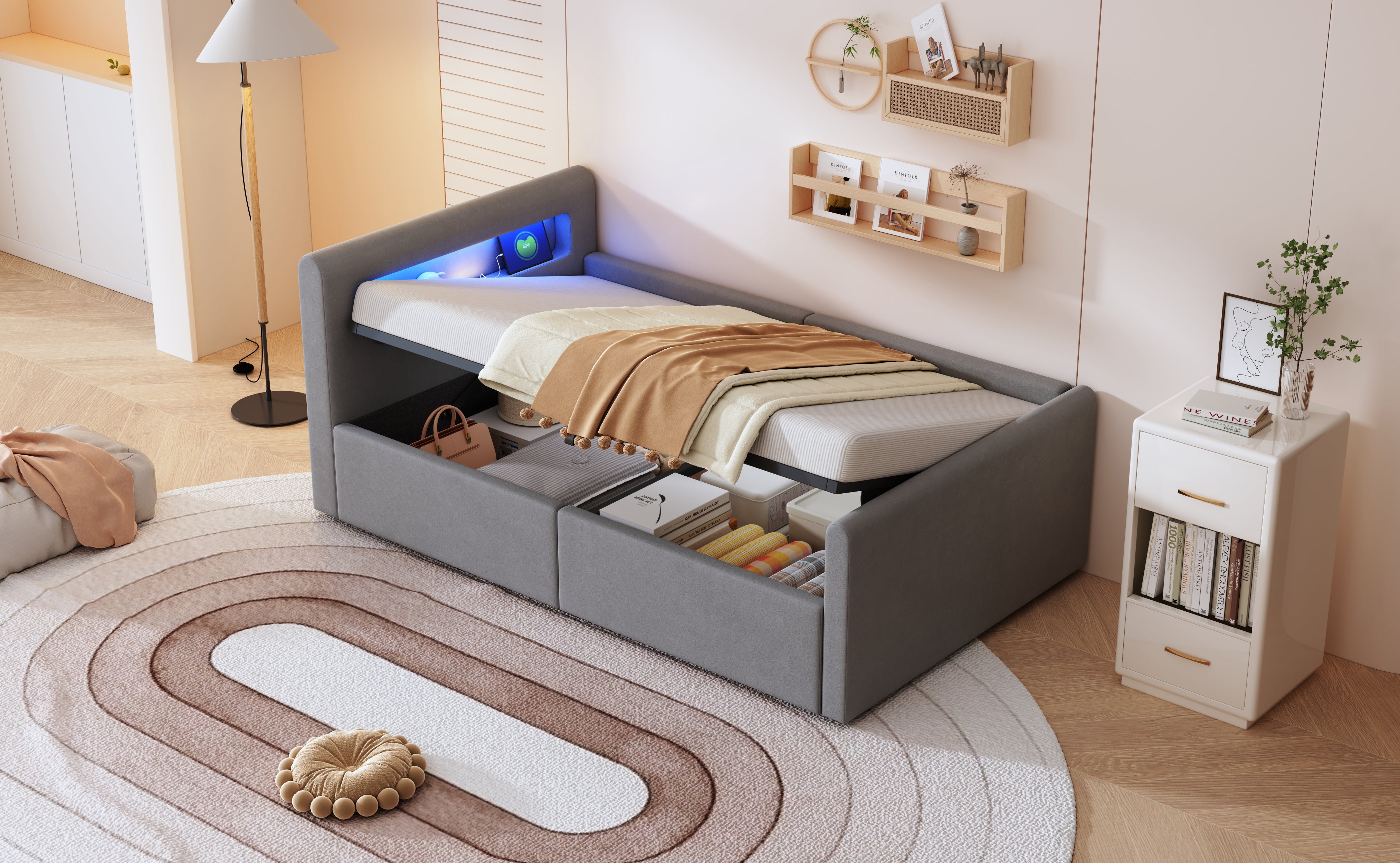 Lit enfant rembourré 90x200 cm, avec éclairage LED, veilleuse et port de charge USB, étagère, espace de rangement, lit simple, gris clair - 9