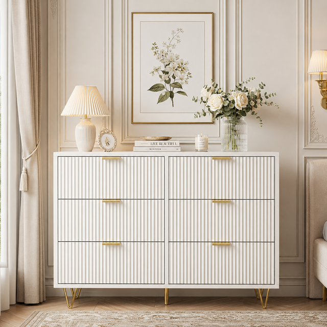 Commode 6 Tiroirs 100cm,Commode Chambre Bois,Meuble de Rangement avec Poignées et Pieds Dorés pour Salon, Chambre,Chambre d'enfant,100x34x73cm,Blanc