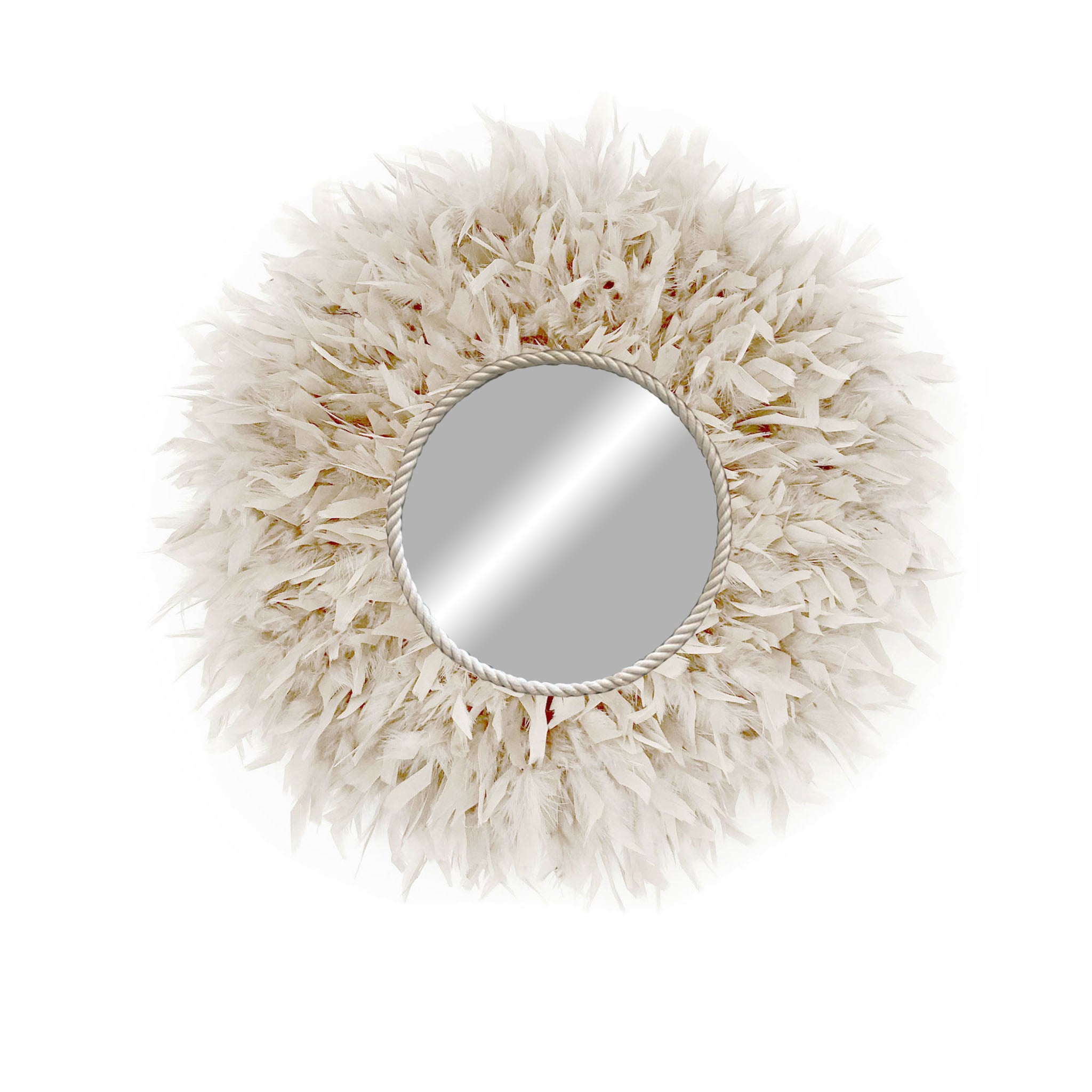 Espejo decorativo redondo con plumas naturales estilo boho - mirror feathers beige 50cm