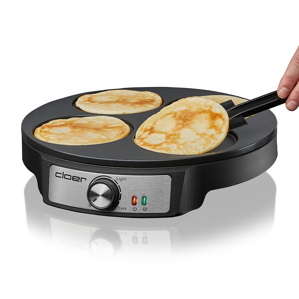 Cloer 6625 Pancake Maker, Mini pancakes, per 4 piccoli pancakes da 11 cm Ø ciascuno, 1200 W, rivestimento antiaderente, tornitore incluso, nero - 5