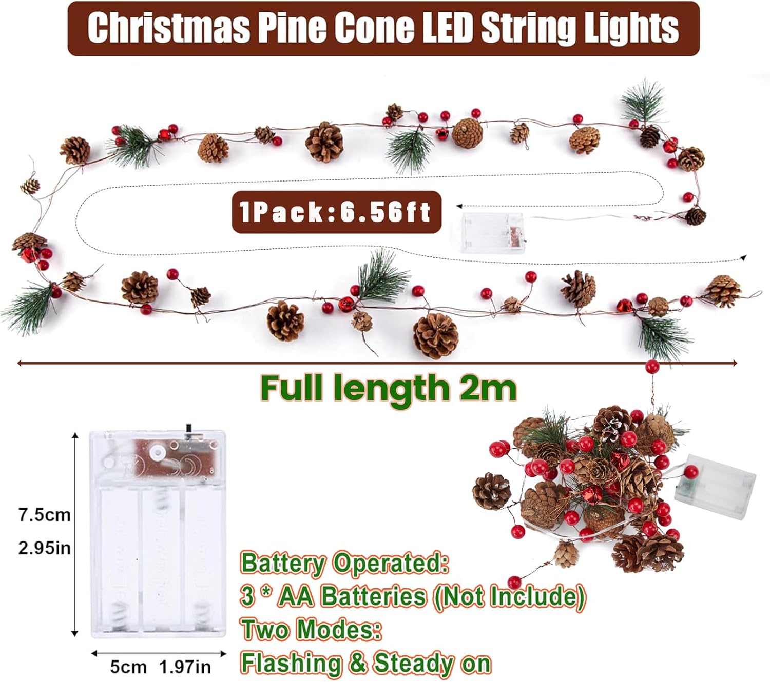 Girlanda świetlna z szyszkami sosnowymi - 2M 20LED - girlanda świąteczna z czerwonymi światełkami i szyszkami sosnowymi do użytku wewnątrz i na zewnąt - 2