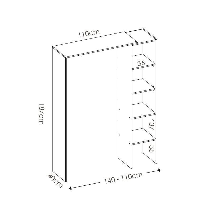 Mobelcenter - Armario Vestidor Suit Reversible con 2 Barras y 4 Estantes - Color Blanco - Ancho: 140-110 cm x Fondo: 40 cm x Alto: 187 cm - (1203) - 2