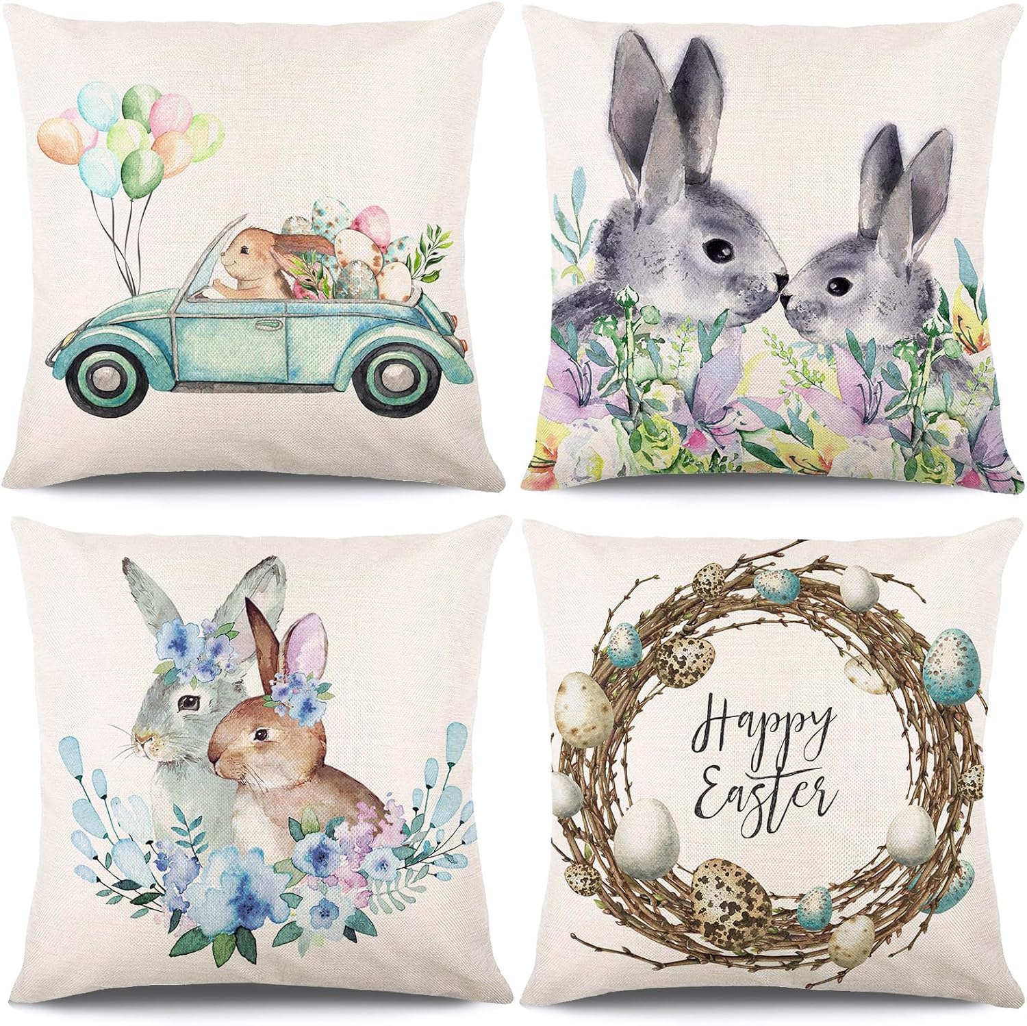 2 Federe Pasquali In Effetto Lino – 45x45 Cm, Motivi Coniglio E Scritta Happy Easter, Per Divano E Giardino, Lavabili, Set Primaverile