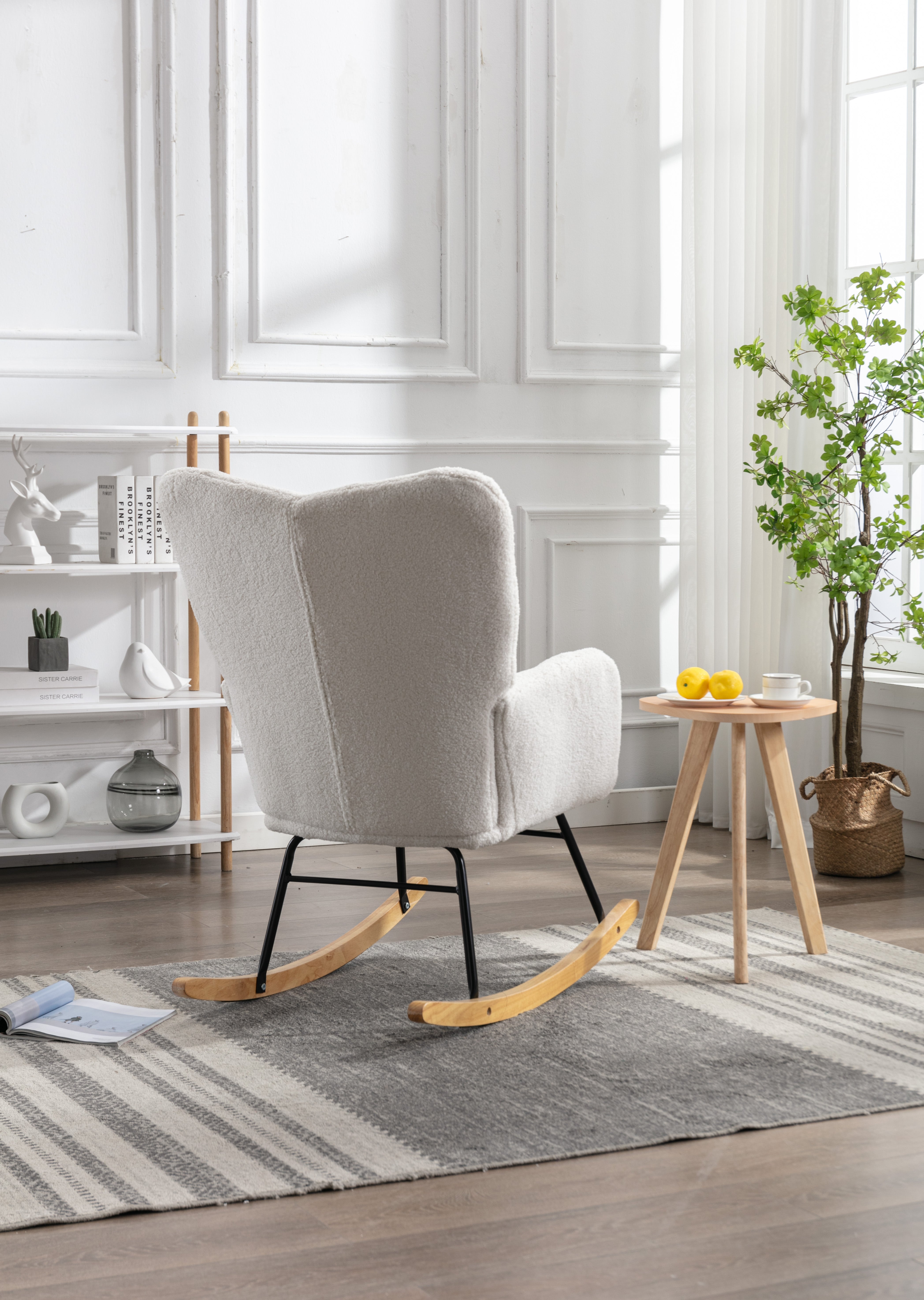 Rocking chair, fauteuil à bascule en peluche teddy, siège capitonné, charge jusqu'à 110 kg, pour salon, chambre à coucher, blanc - 3